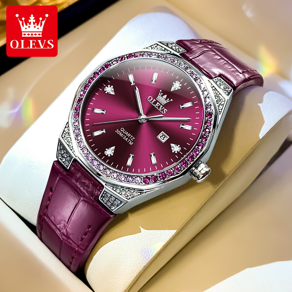 Luxury Watch Leather Strap - OLEVS Original Women's Watches Diamond Lap